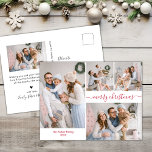 Carte Postale Script rouge moderne 5 photos de Noël multiples<br><div class="desc">Budget Minimaliste Élégante Calligraphie Blanc et Rouge Multiples Photos de Noël Cartes. Ce modèle festif, simple 5 (cinq) photo de carte de vacances dispose d'un joli collage photo (à l'avant 4 photo et à l'arrière 1 photo), un texte de bienvenue "Joyeux Noël" qui est écrit dans une belle main lettré...</div>