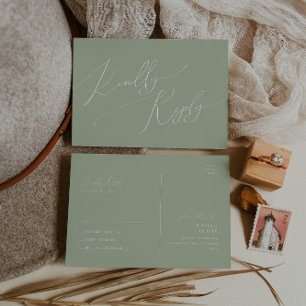 Carte Postale Script Whimsical Sage Green Wedding RSVP