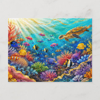 Carte Postale Sea Turtle Colorful Coral Reef & Tropical Fish
