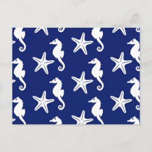 Carte Postale Seahorse & starfish - navy blue and white