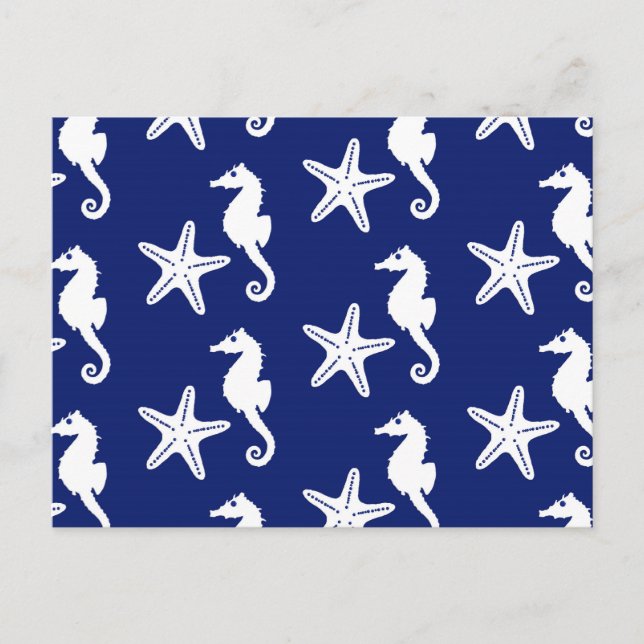 Carte Postale Seahorse & starfish - navy blue and white (Devant)