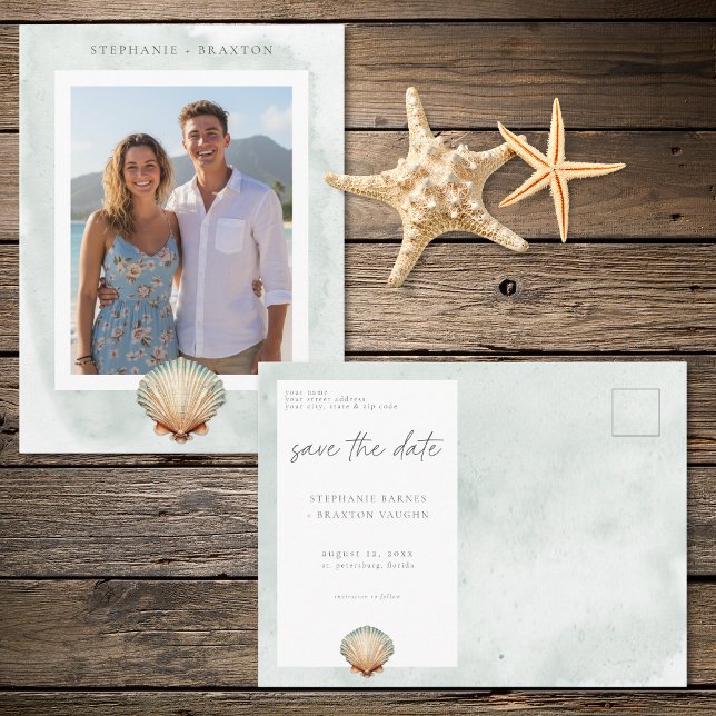 Carte Postale Seashell Watercolor Minimal Beach Photo Save Date (Seashell Watercolor Minimal Beach Photo Save Date Postcard)