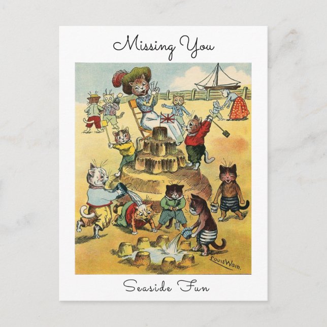 Carte Postale Seaside Fun Victorian Cat Mischief Missing You (Devant)
