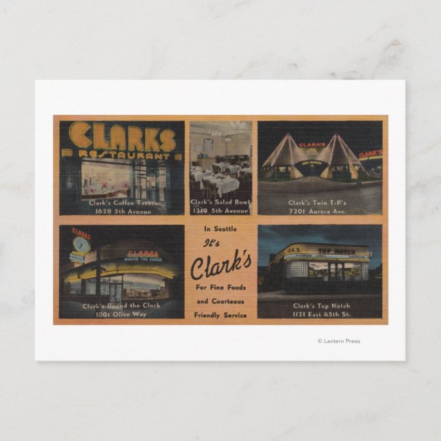 Carte Postale Seattle, WAAD pour Clark's Restaurants (Devant)