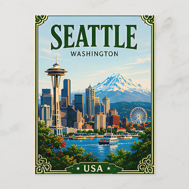 Carte Postale 🌲 Seattle Washington Skyline et aiguille de l'esp (Devant)