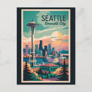 Carte Postale Seattle Washington Skyline Voyage Art Rétro