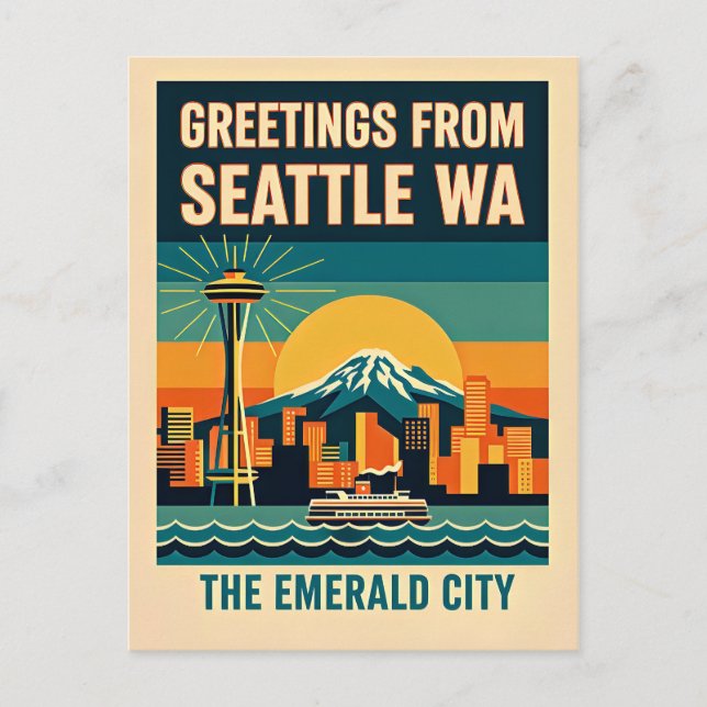 Carte Postale Seattle Washington – The Emerald City Retro 1930s (Devant)