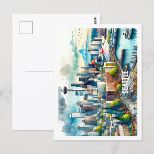 Carte Postale Seattle Washington USA Famous Place aquarelle