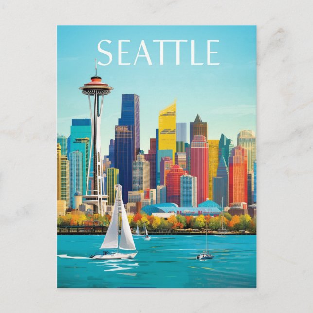 Carte Postale Seattle Waterfront & Space Needle Retro Art (Devant)