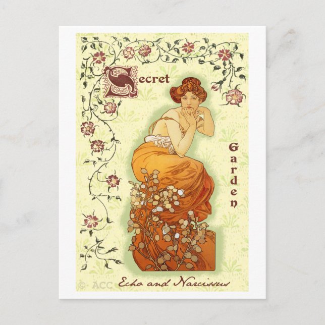Carte Postale Secret Garden Mucha Femme (Devant)