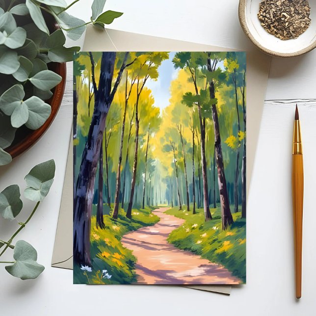 Carte Postale Sentier de printemps | Nature aquarelle forêt vert (Créateur téléchargé)