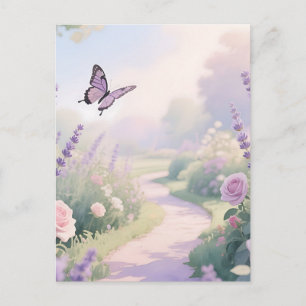 Carte Postale Sentier papillon de jardin de roses lavande rêveur