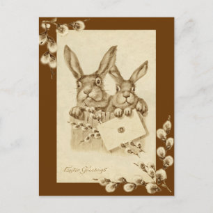 Carte postale Sepia lapin de Pâques vintage/ancien