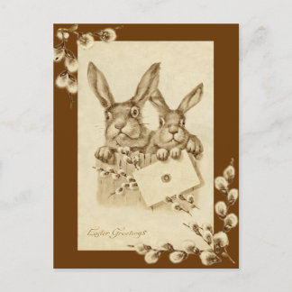 Carte postale Sepia lapin de Pâques vintage/ancien
