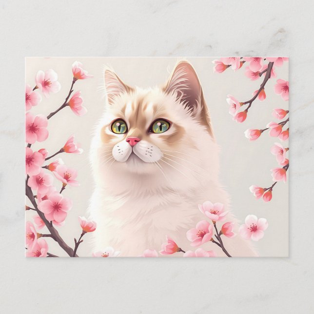 Carte Postale Serene Birman Portrait De Chat Avec Fleurs De Ceri (Devant)