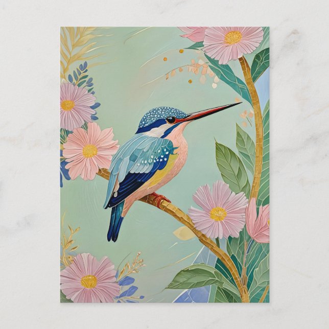 Carte Postale Serene Kingfisher dans un paradis floral (Devant)