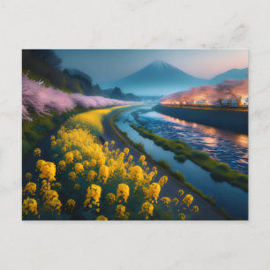 Carte Postale Serene Sakura et fleurs à la montagne majestueuse