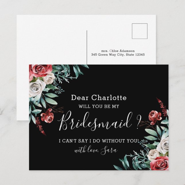 Carte Postale Serez-Vous Mon Bridesman Card Bohemian Black Roses (Devant / Derrière)