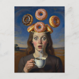 Carte Postale Série de petit déjeuner surréaliste Donuts et femm