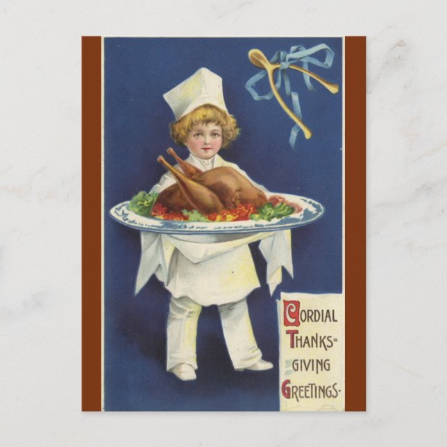 Carte Postale Serveur vintage avec Platter Dîner Thanksgiving (Devant)