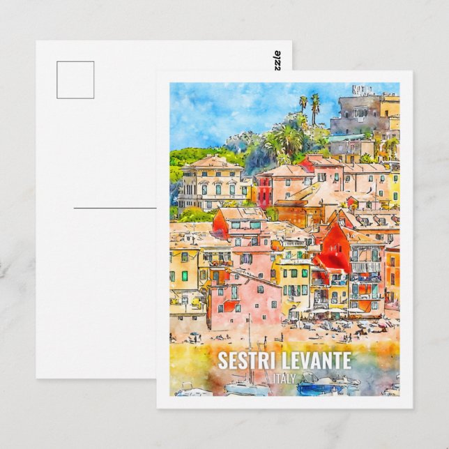 Carte Postale Sestri Levante Italie Fameux Aquarelle Voyage (Devant / Derrière)