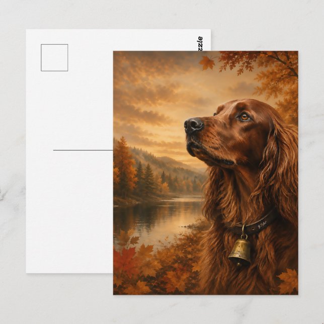 Carte Postale Setter Irlandais d'Automne  – Art Canin de Chasse  (Devant / Derrière)