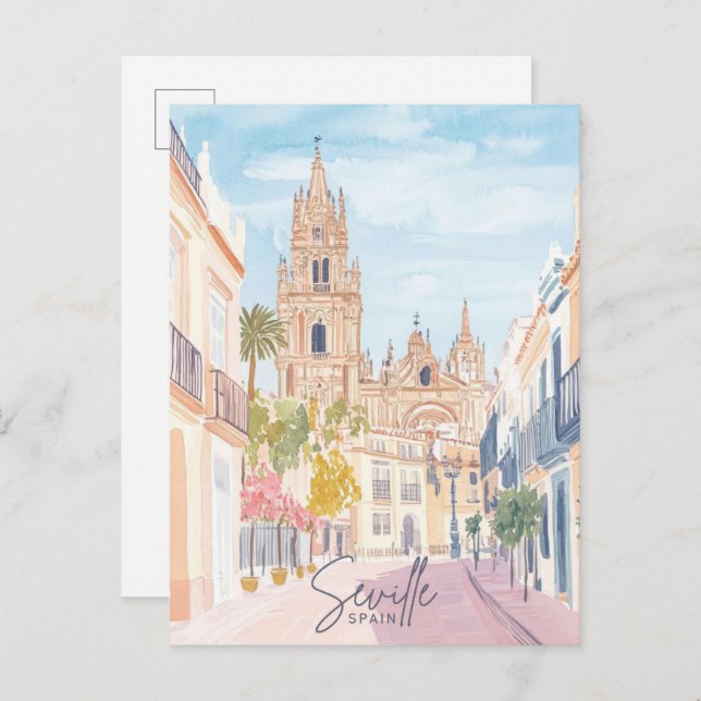 Carte Postale Séville Espagne Peinture Gouache Illustration Voya (Devant / Derrière)