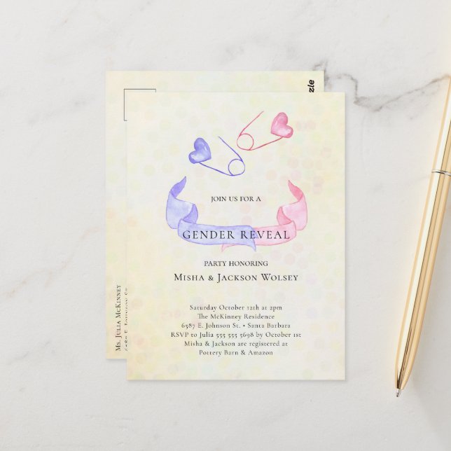 Carte Postale Sexe Révéler rose bleu épine Baby shower Invitatio (Devant/Arrière en situation)