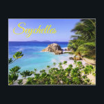 Carte Postale Seychelles Tropical Island Beach<br><div class="desc">Welcome to the exotic island paradise of Seychelles! Photo was captured on a warm, bright, and sunny day. The tropical crystal blue sea water sparkles in the sunlight and is warm and inviting for those who are ready to splash around, dive, or swim. Lush green coconut palms and trees are...</div>