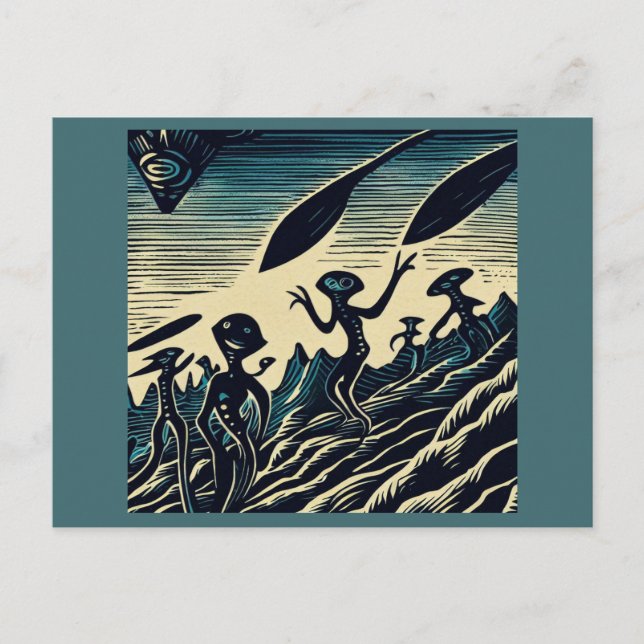 Carte Postale SF - Aliens Sur Une Planète Étrange Découpe 3 (Devant)