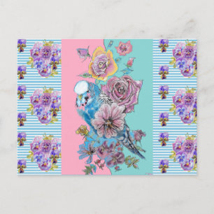 Carte postale Shabby Chic Budgie Pastel Blue Strip