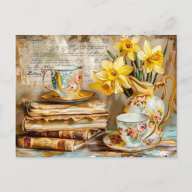 Carte Postale Shabby chic Daffodils on a stacked antique books (Devant)