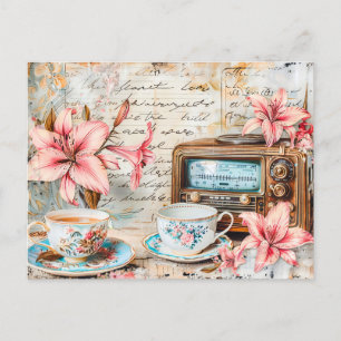 Carte Postale Shabby chic Pink Lily with Antique Radio Receiver