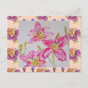 Carte Postale Shabby Chic rose Lily Fleurs Florales Gingham Rose