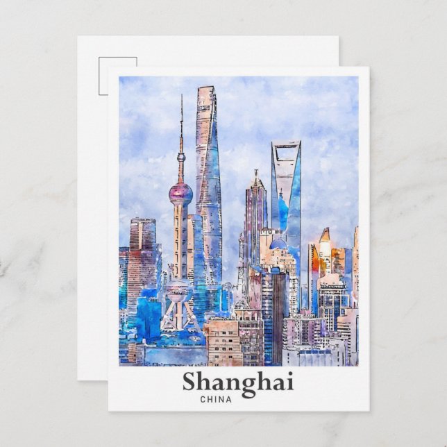 Carte Postale Shanghai Chine Aquarelle Sketch Dessin Main (Devant / Derrière)