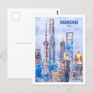 Carte Postale Shanghai Chine célèbre Aquarelle de voyage Sketch