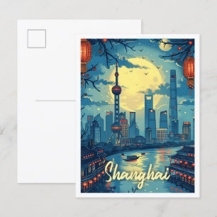 Carte Postale Shanghai Chine Vintage Art Voyage Illustration