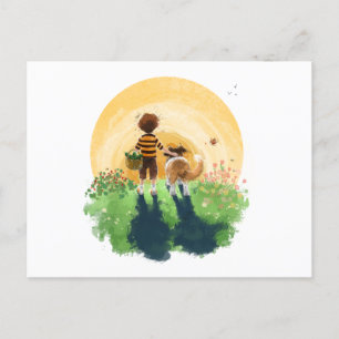Carte Postale Sheltie Dog and Boy Walk in Sunset