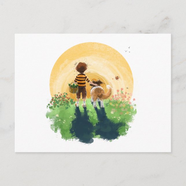 Carte Postale Sheltie Dog and Boy Walk in Sunset (Devant)