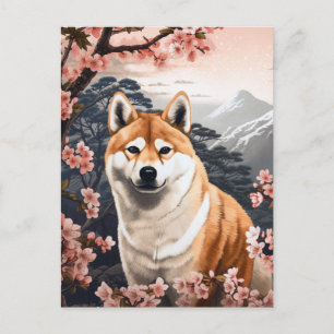 Carte Postale Shiba Inu Cherry Blossoms Chien Art
