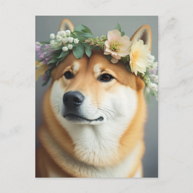 Carte Postale Shiba Inu, couronne de fleurs (Devant)