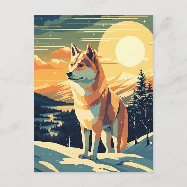 Carte Postale Shiba Inu dans les montagnes enneigées au coucher  (Devant)