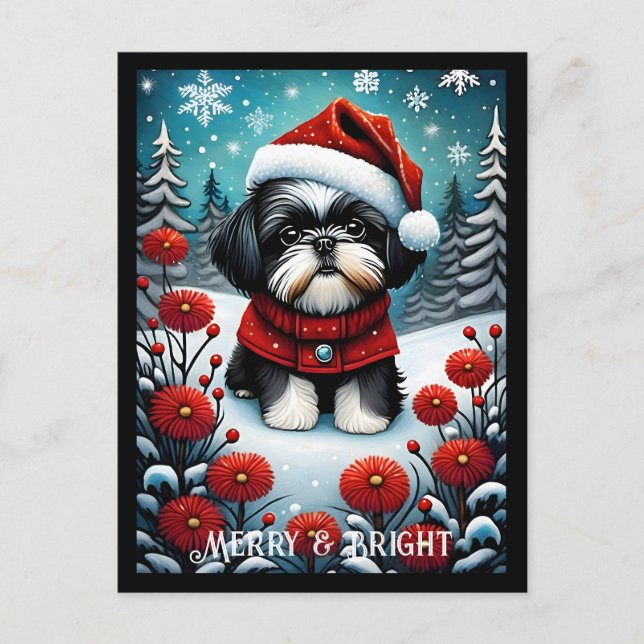 Carte Postale Shih Tzu Snowflower Meadow Père Noël Chien Noël (Devant)