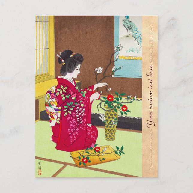 Carte Postale Shiro Kasamatsu Ikebana japon fleurs scène dame (Devant)