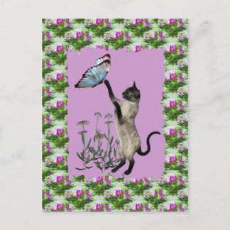 Carte Postale Siamese Cat Blue Butterfly Daisies