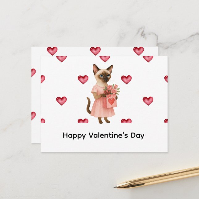 Carte Postale Siamese Cat brings roses for Valentines' day (Devant/Arrière en situation)