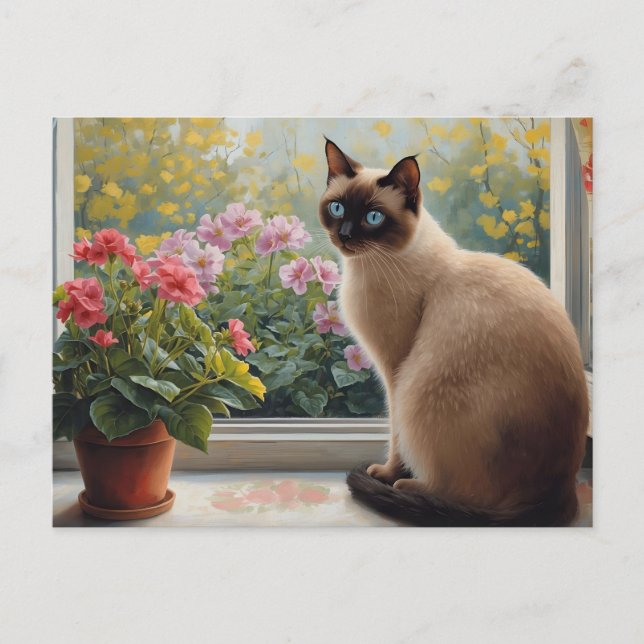 Carte Postale Siamese Cat in the Window with Garden View (Devant)
