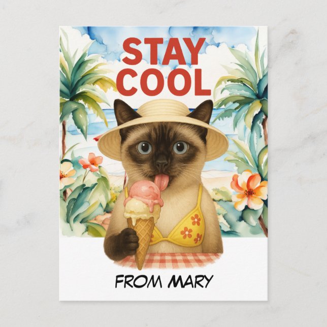 Carte Postale Siamese Cat lèche la crème glacée séjour cool (Devant)