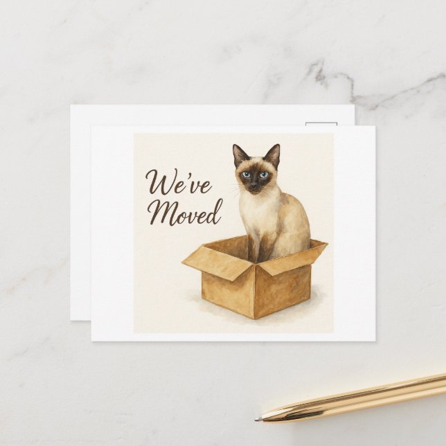 Carte Postale Siamese Chat Moving House faire-part (Devant/Arrière en situation)