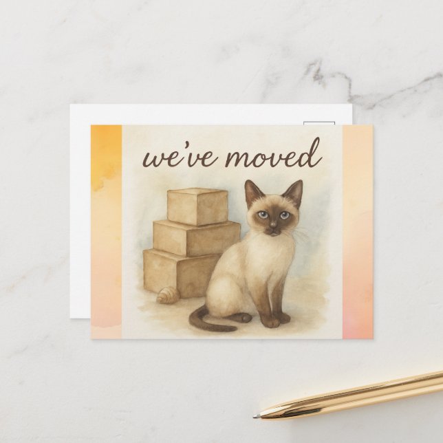 Carte Postale Siamese Chat Moving House faire-part (Devant/Arrière en situation)